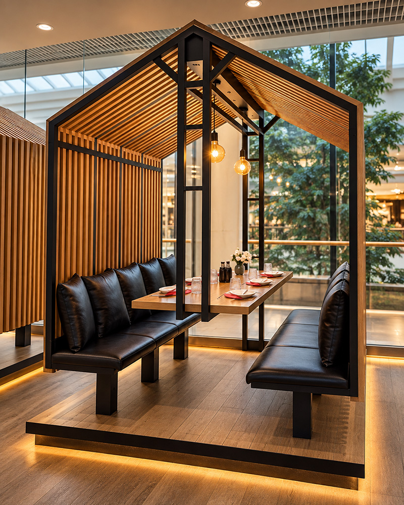 Banquettes et structure en bois de Sushi Aji